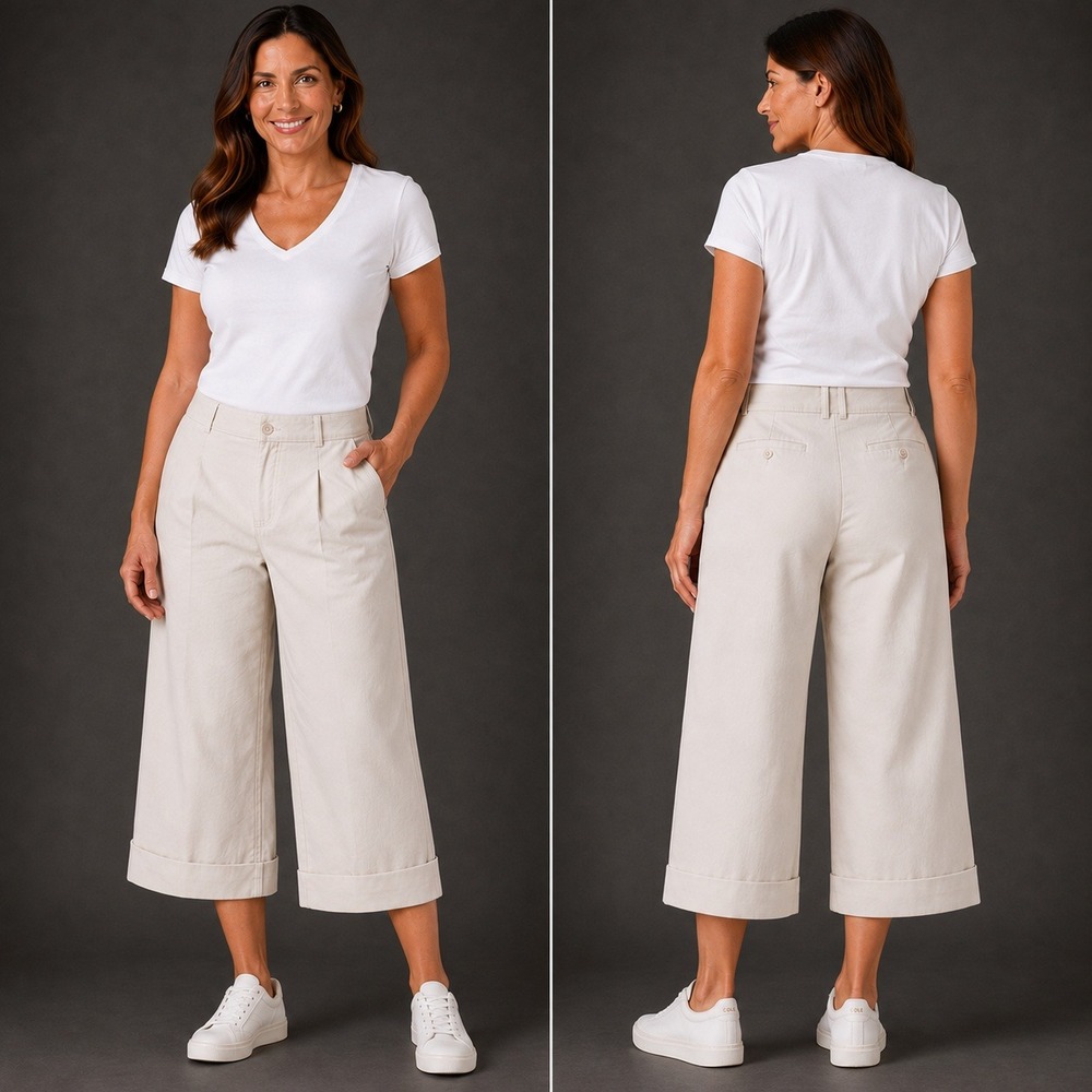 Lauren Ralph Lauren Black Label Women 18 Pleated Cropped Pants Cream Cuff Cotton